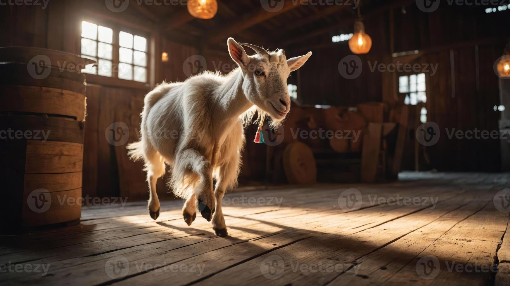 A goat runs playfully in a rustic barn with warm lighting and wooden surroundings. photo