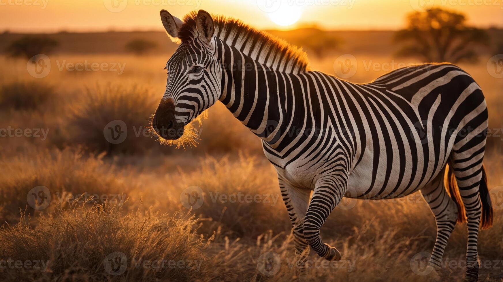 A zebra walking through a golden grassland at sunset. photo