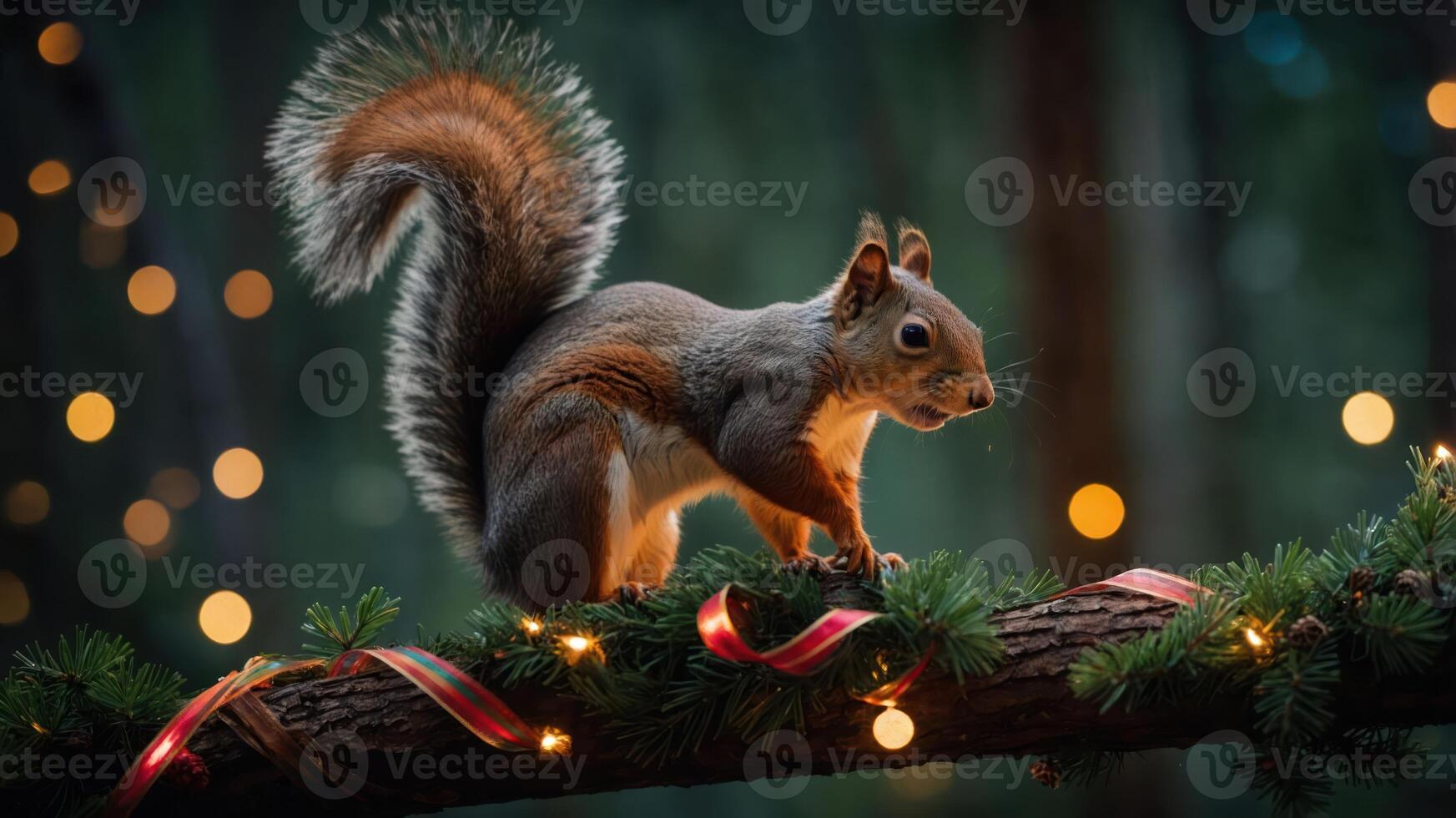 A squirrel perched on a branch adorned with festive decorations and lights. photo