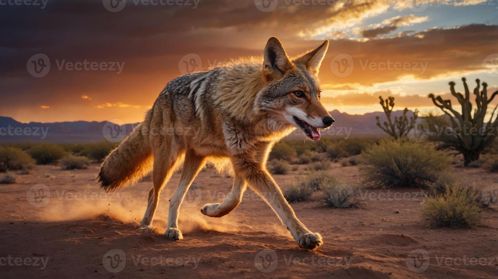 A coyote walks through a desert landscape at sunset, showcasing its natural habitat. photo