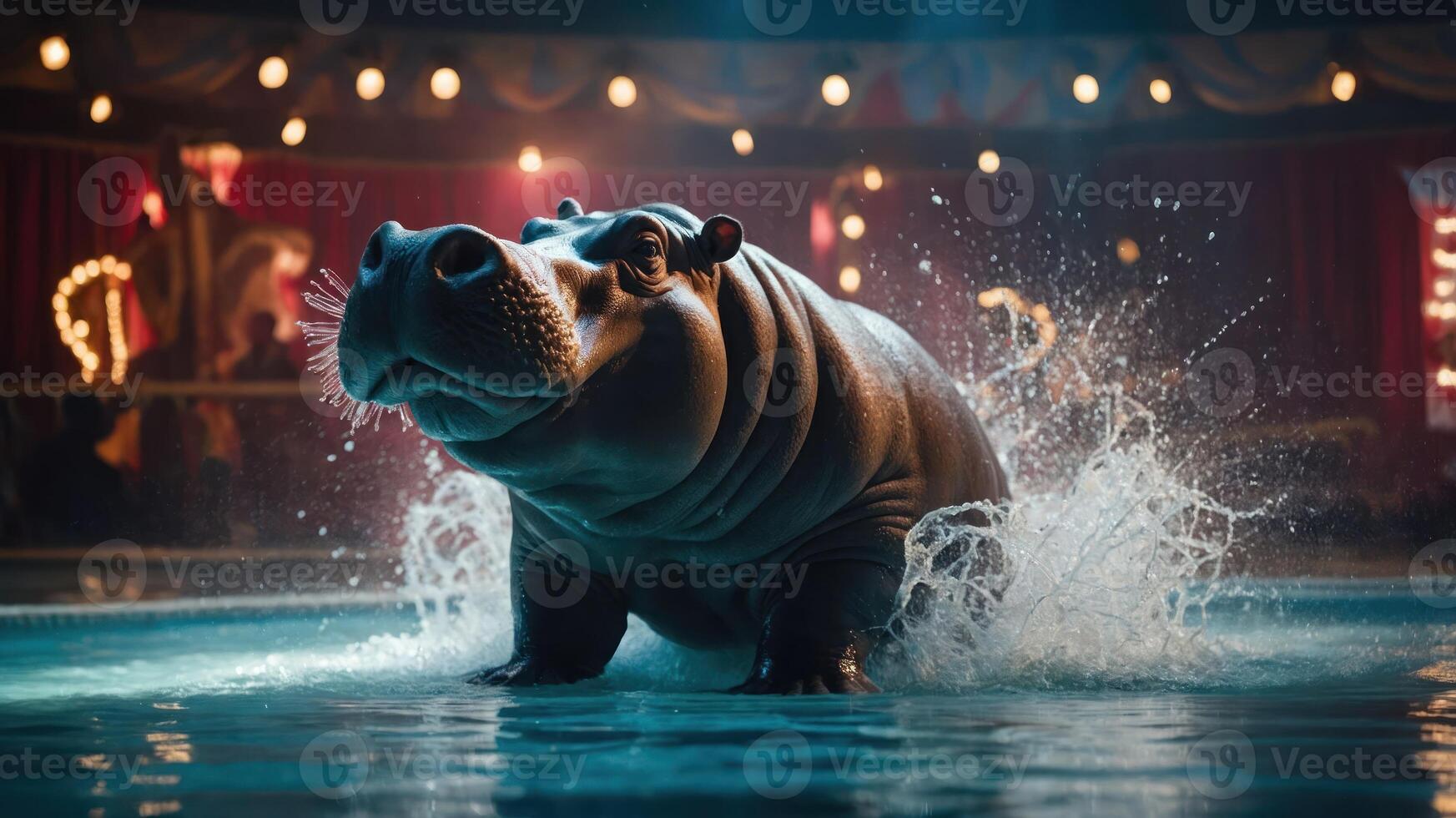 A hippo splashes in a circus pool, showcasing its playful nature in a vibrant setting. photo