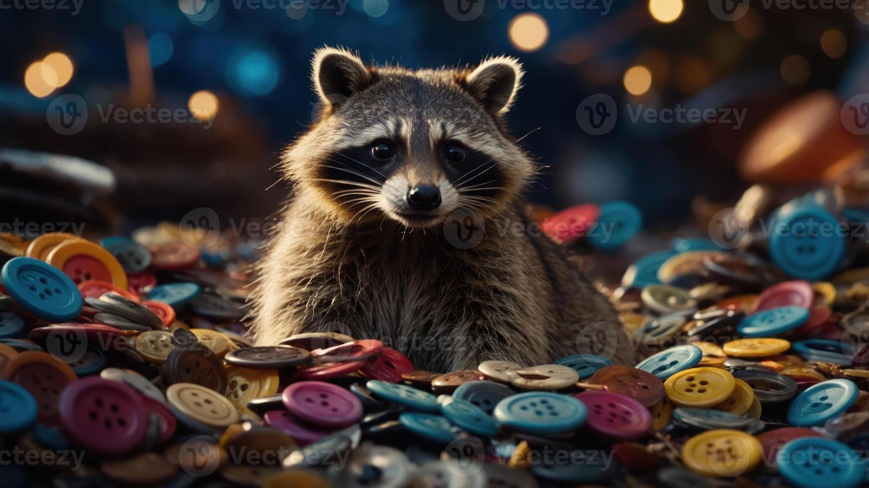 A raccoon surrounded by colorful buttons, creating a whimsical and playful scene. photo