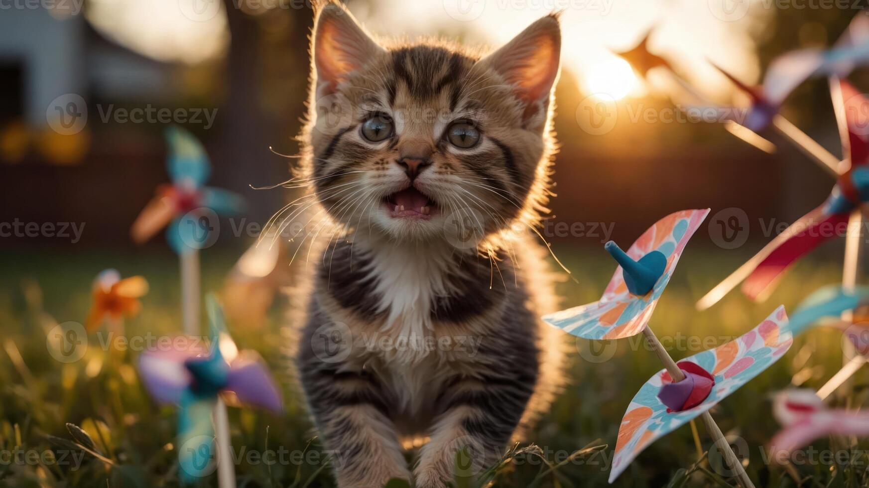 A playful kitten surrounded by colorful pinwheels in a sunlit garden. photo