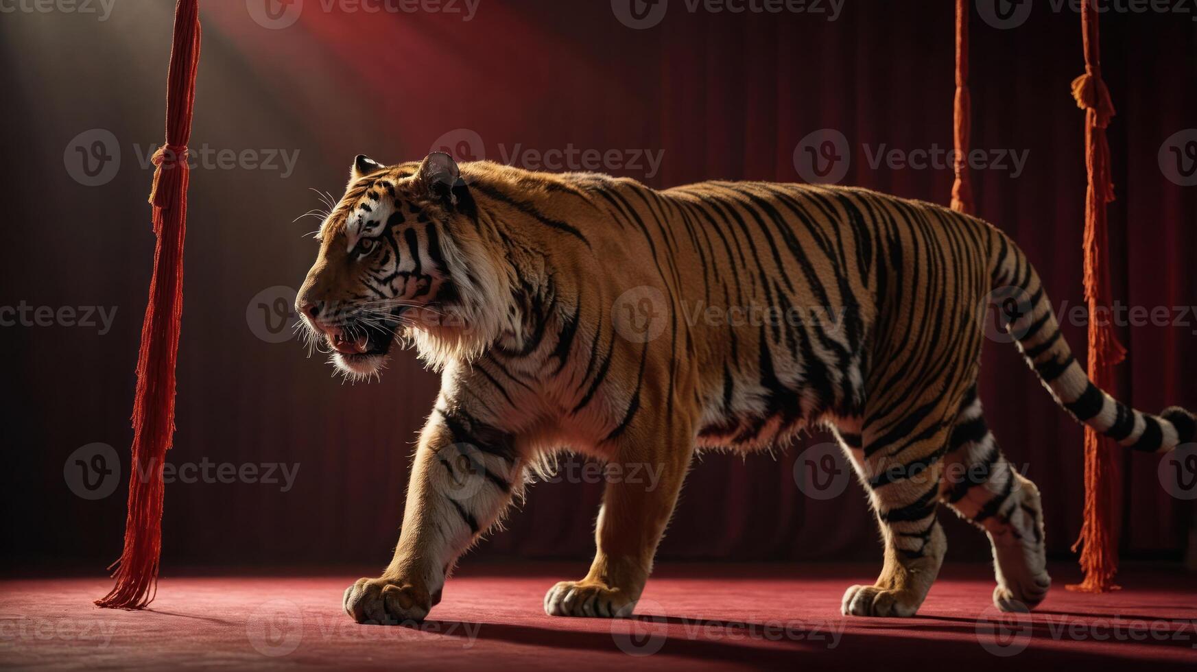 A tiger walks across a stage, with spotlight and red curtains creating a dramatic atmosphere. photo