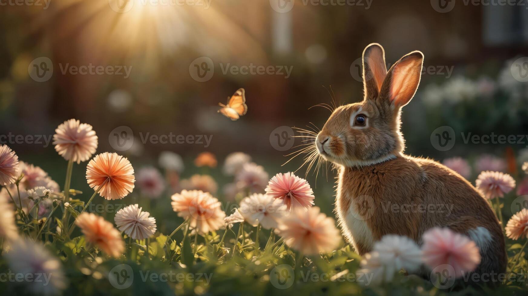 A serene rabbit gazes at a butterfly among colorful flowers in a sunlit garden. photo
