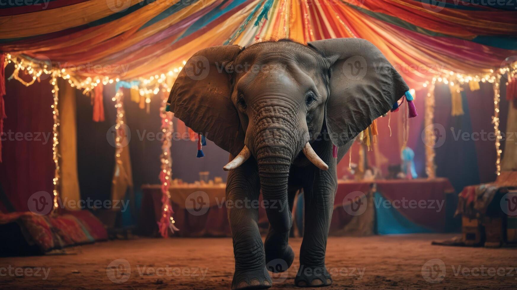 An elephant stands in a colorful, festive tent adorned with lights and decorations. photo