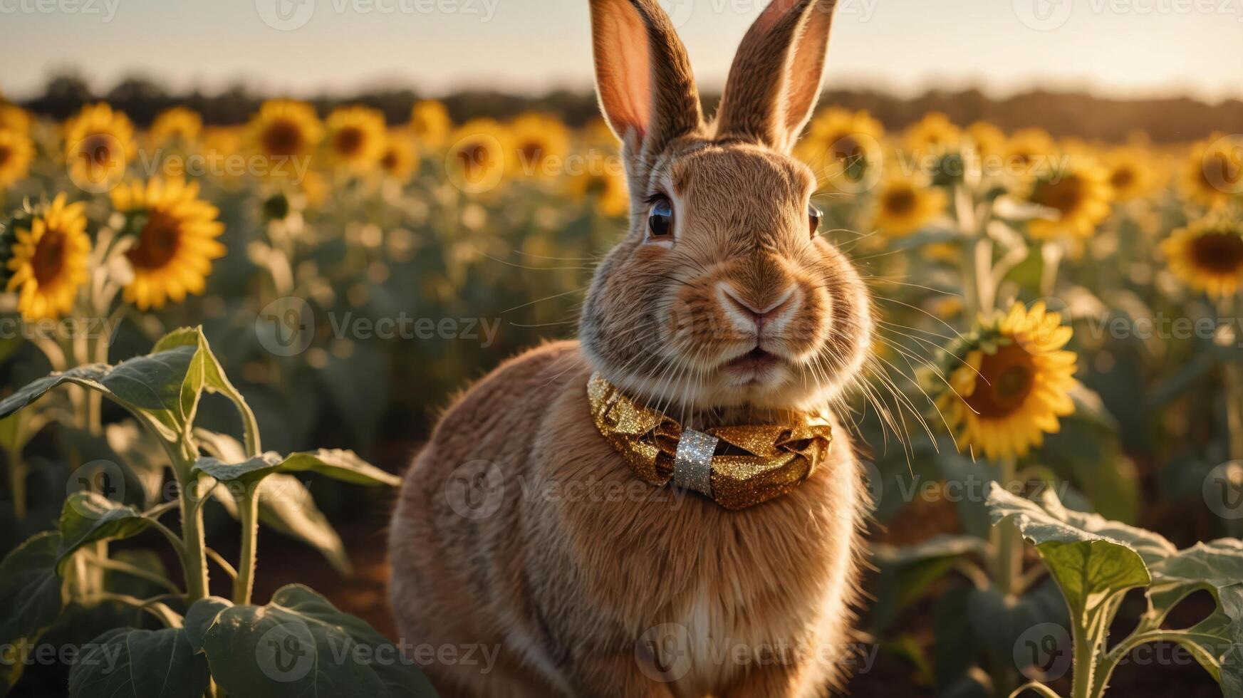 A rabbit adorned with a golden collar in a sunflower field during sunset. photo