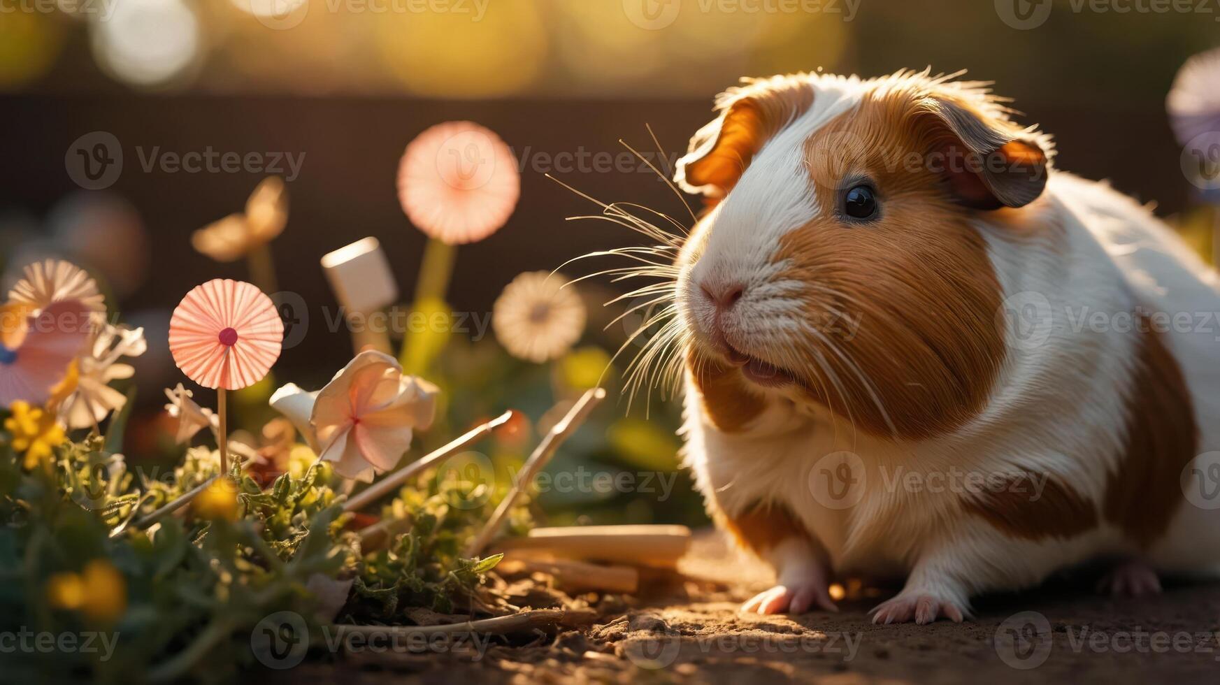 A guinea pig surrounded by colorful flowers in a warm, sunlit setting. photo