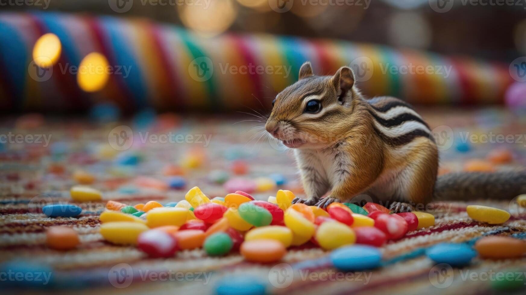 A chipmunk curiously explores a colorful assortment of candies on a patterned surface. photo