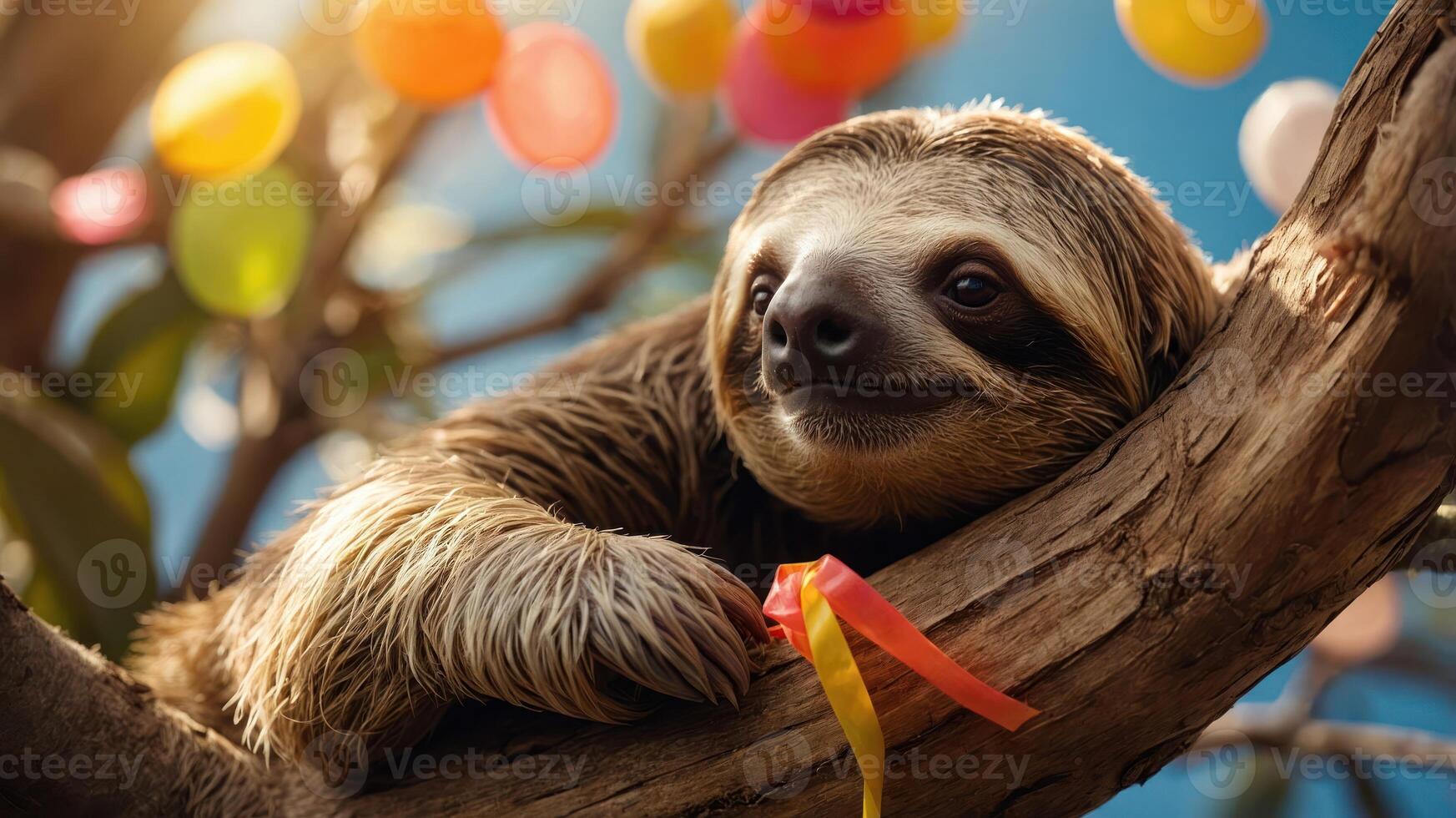 A sloth relaxing on a branch, adorned with colorful decorations in a festive setting. photo