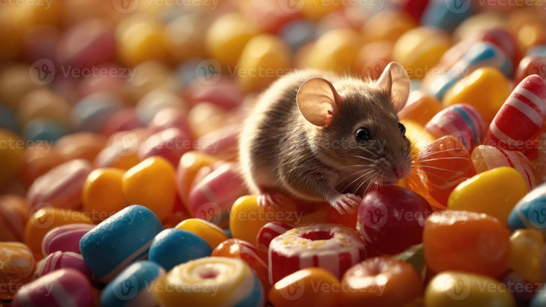 A small mouse among colorful candies, creating a whimsical and playful scene. photo