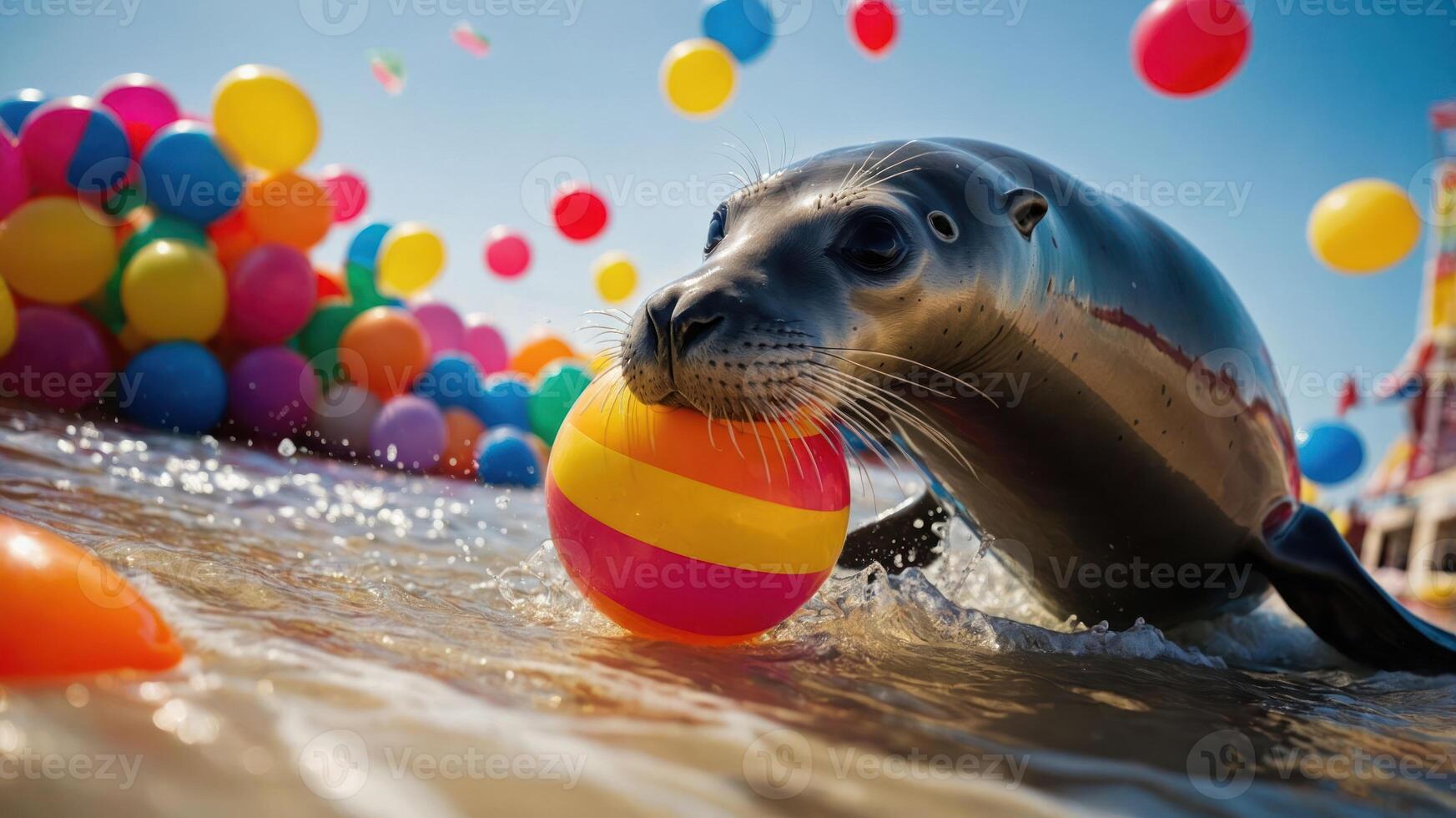 A playful seal swims with a colorful ball amidst floating beach balls. photo