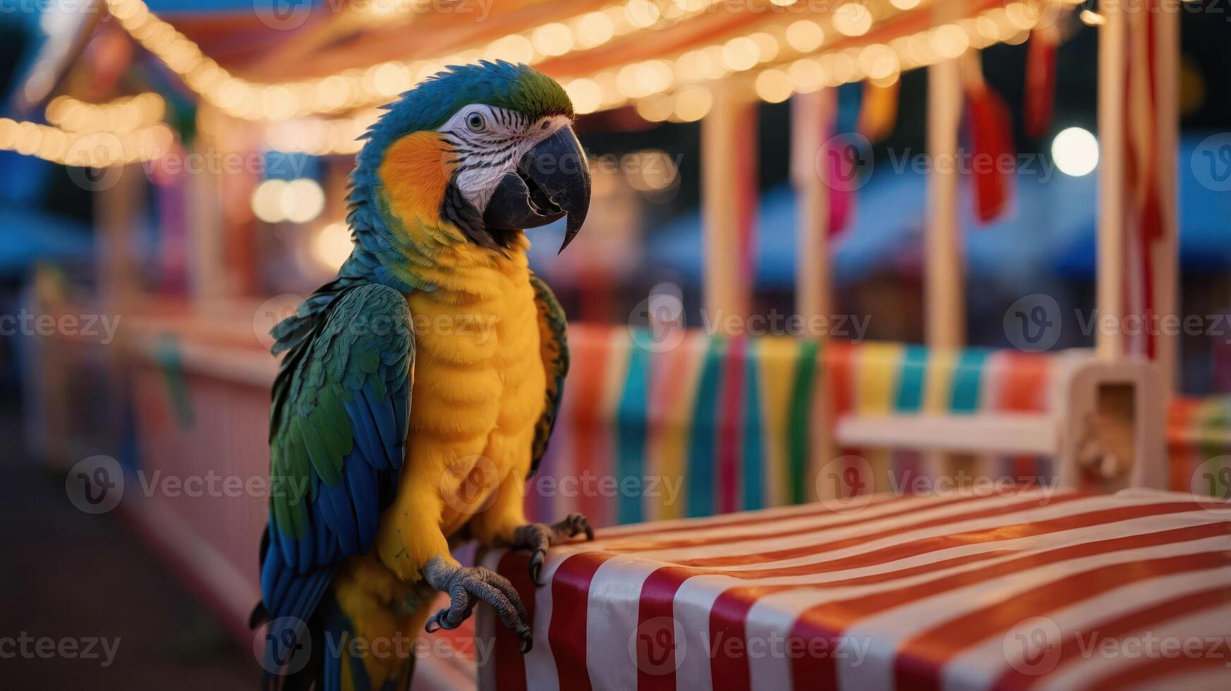 A vibrant parrot perched at a colorful carnival stall illuminated by string lights. photo