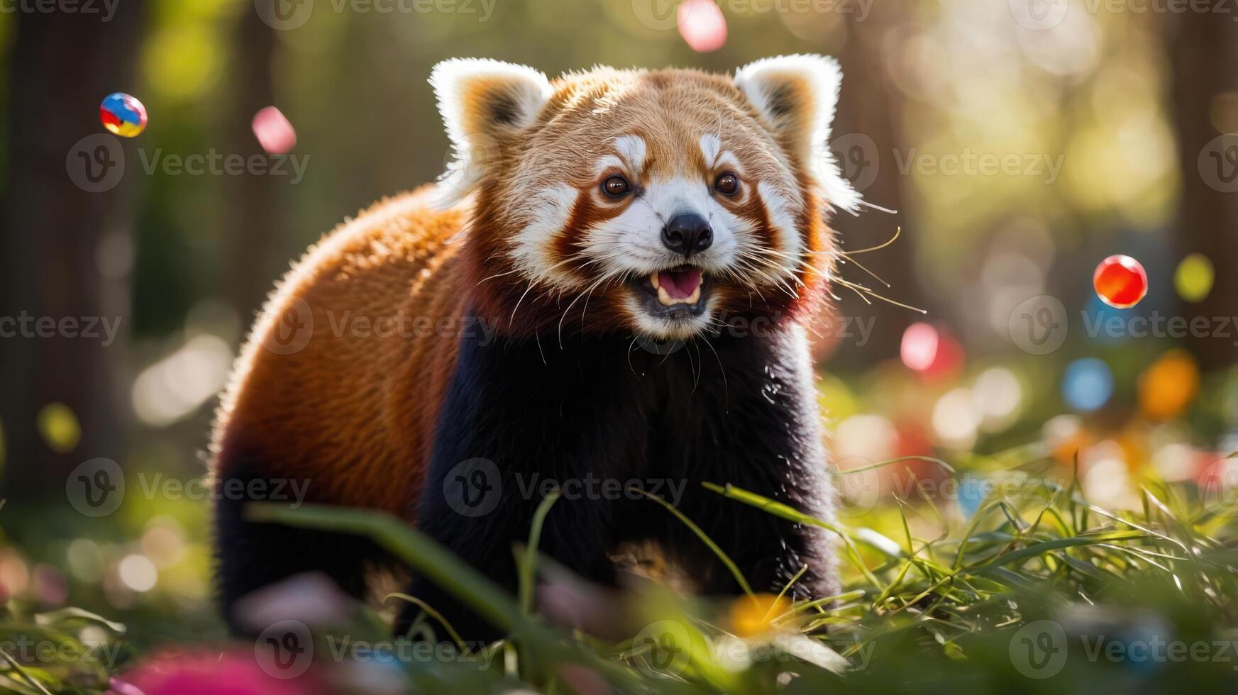 A playful red panda in a vibrant, sunny forest with colorful floating objects. photo