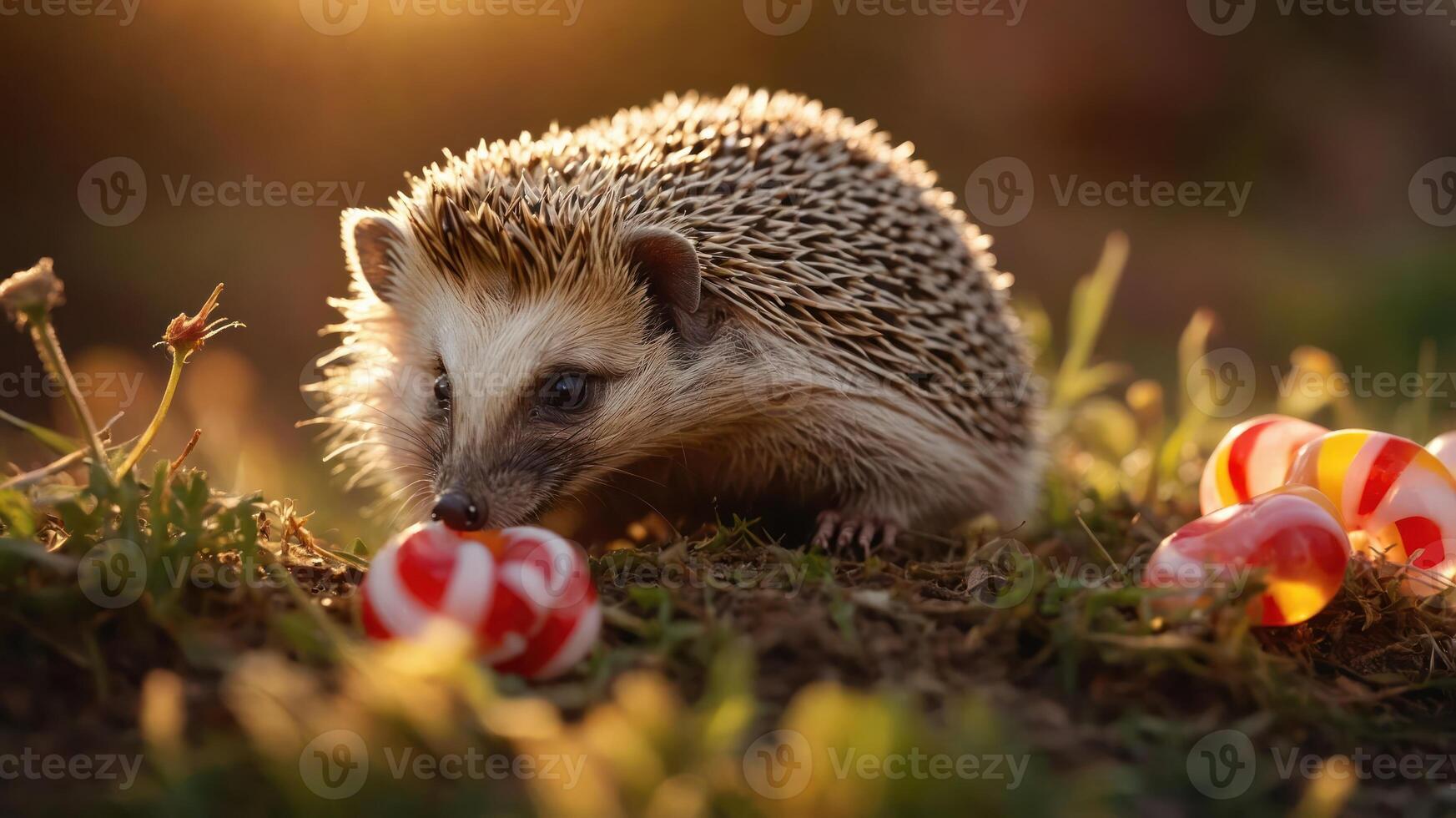 A hedgehog exploring colorful candy-like objects in a natural setting. photo