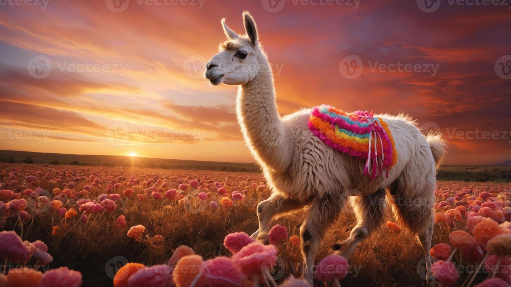 A llama adorned with colorful decorations walks through a vibrant flower field at sunset. photo