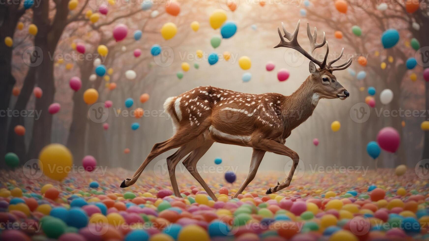 A deer gracefully runs through a colorful landscape filled with balloons. photo