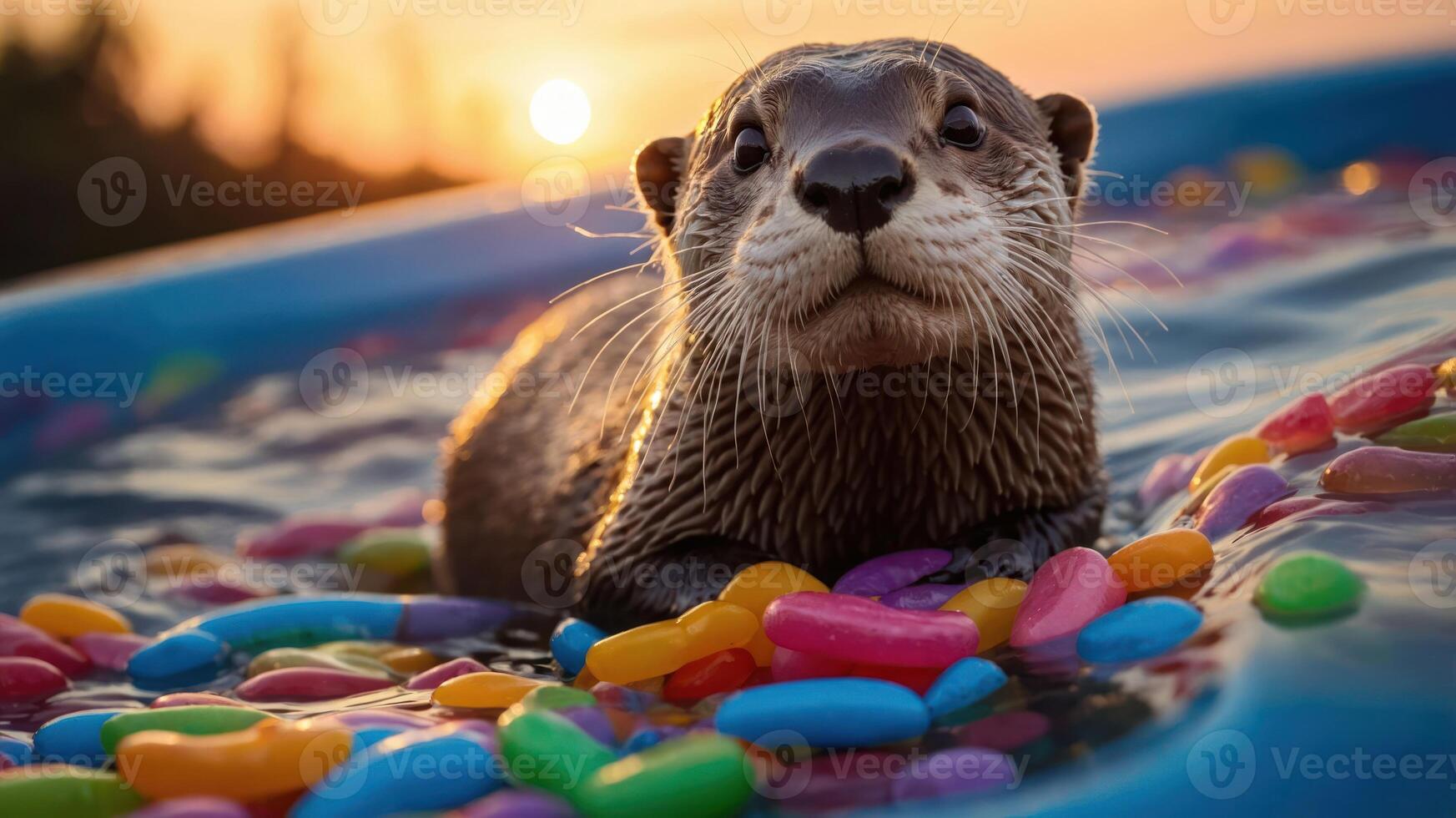 An otter playfully swims among colorful candies in a pool at sunset. photo