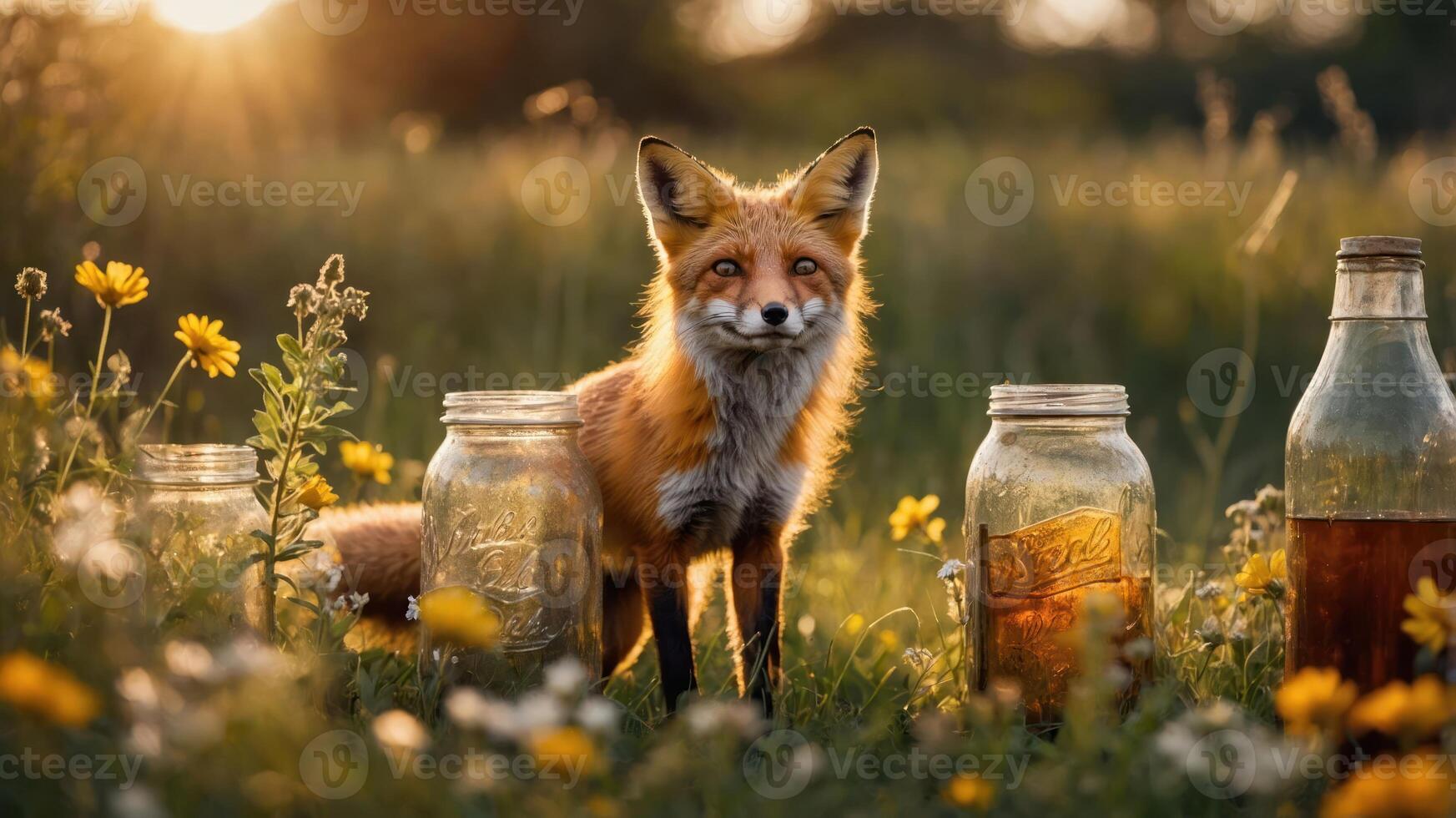 A fox stands among jars in a sunlit field filled with flowers. photo