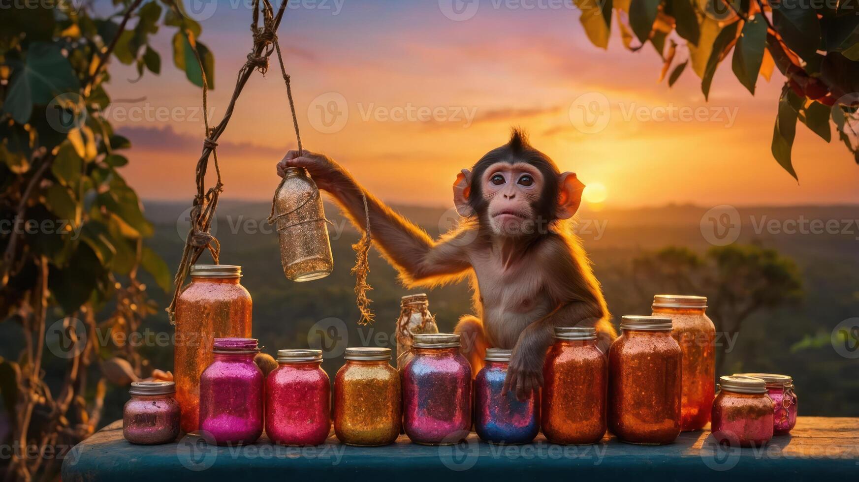 A monkey holds a jar amidst colorful jars at sunset, creating a whimsical scene. photo