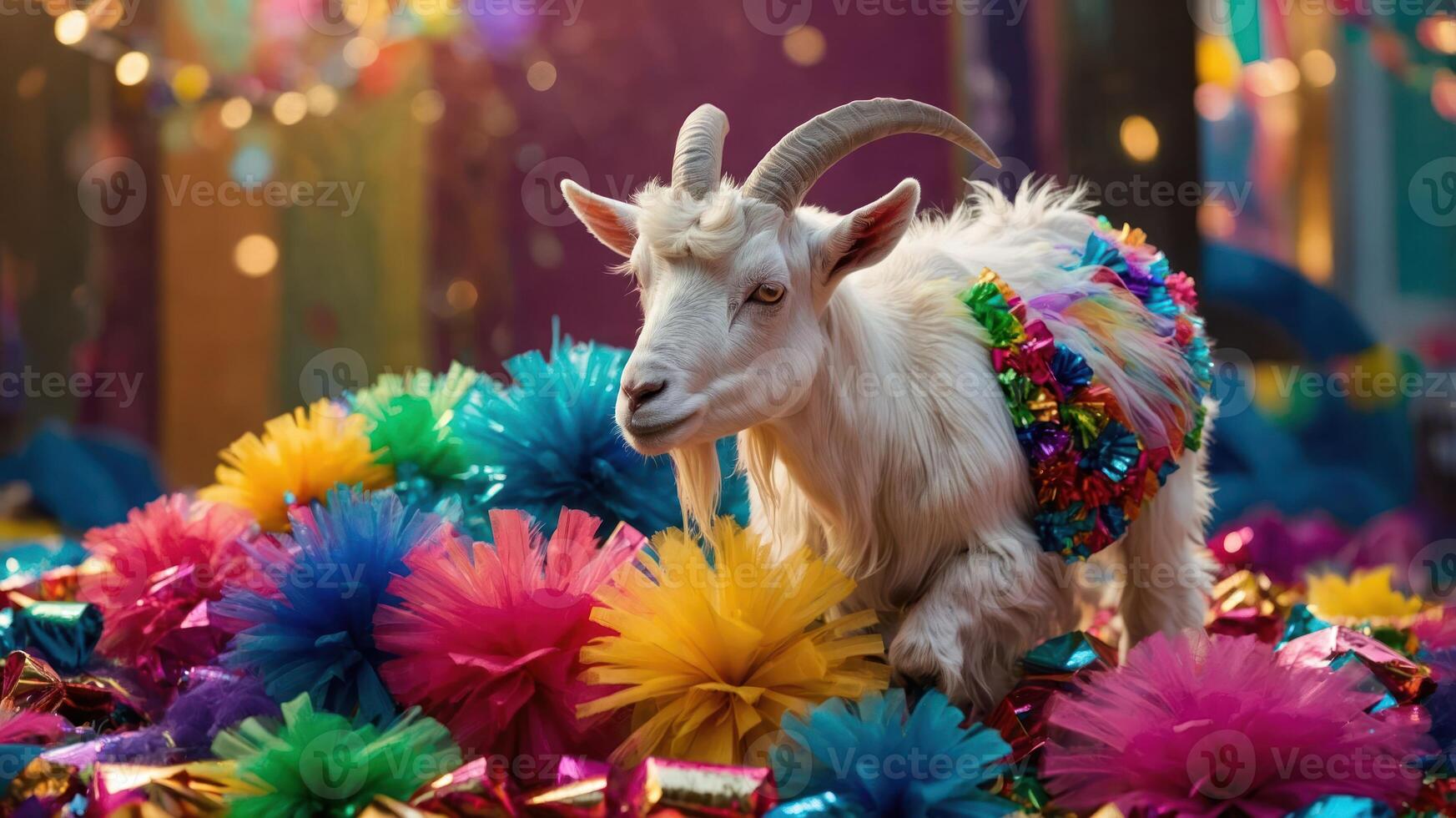 A festive goat adorned with colorful decorations amidst vibrant party decorations. photo