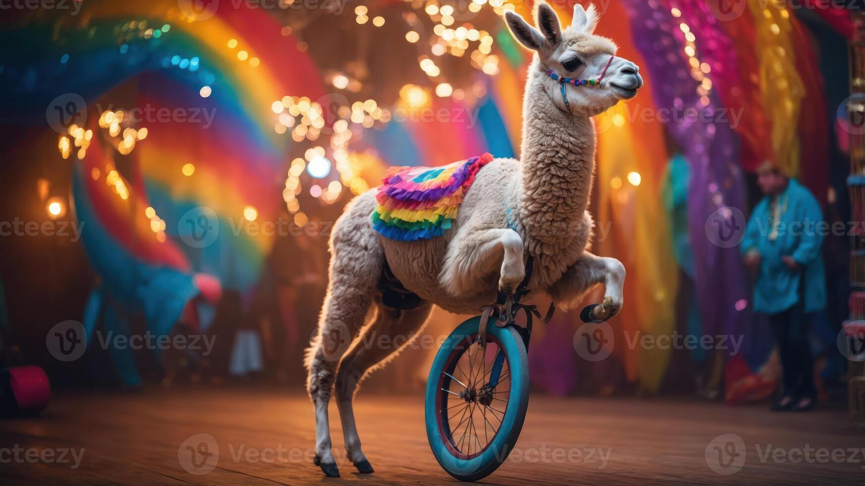 A llama performs on a unicycle in a colorful, festive setting. photo