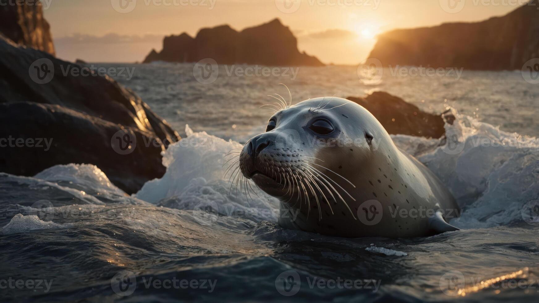 A seal emerges from the water at sunset, surrounded by rocky cliffs. photo