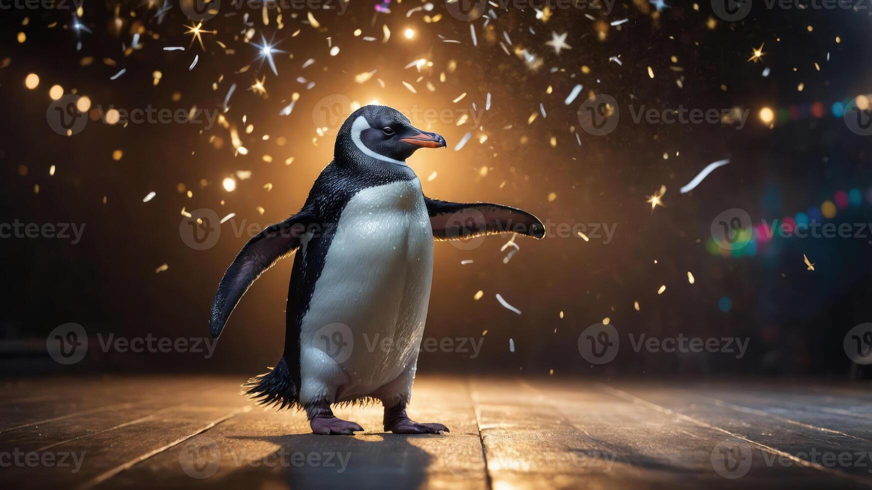 A penguin stands on a stage with confetti, creating a festive atmosphere. photo