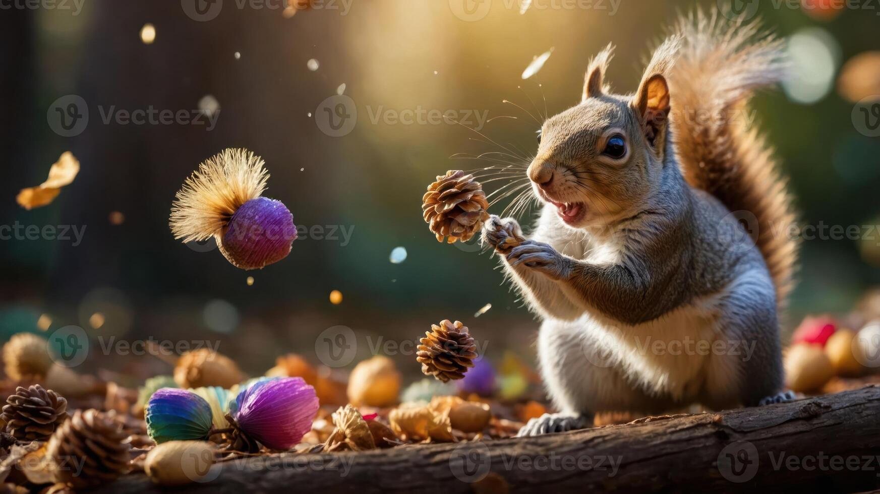 A playful squirrel gathers acorns and pine cones in a sunlit forest setting. photo