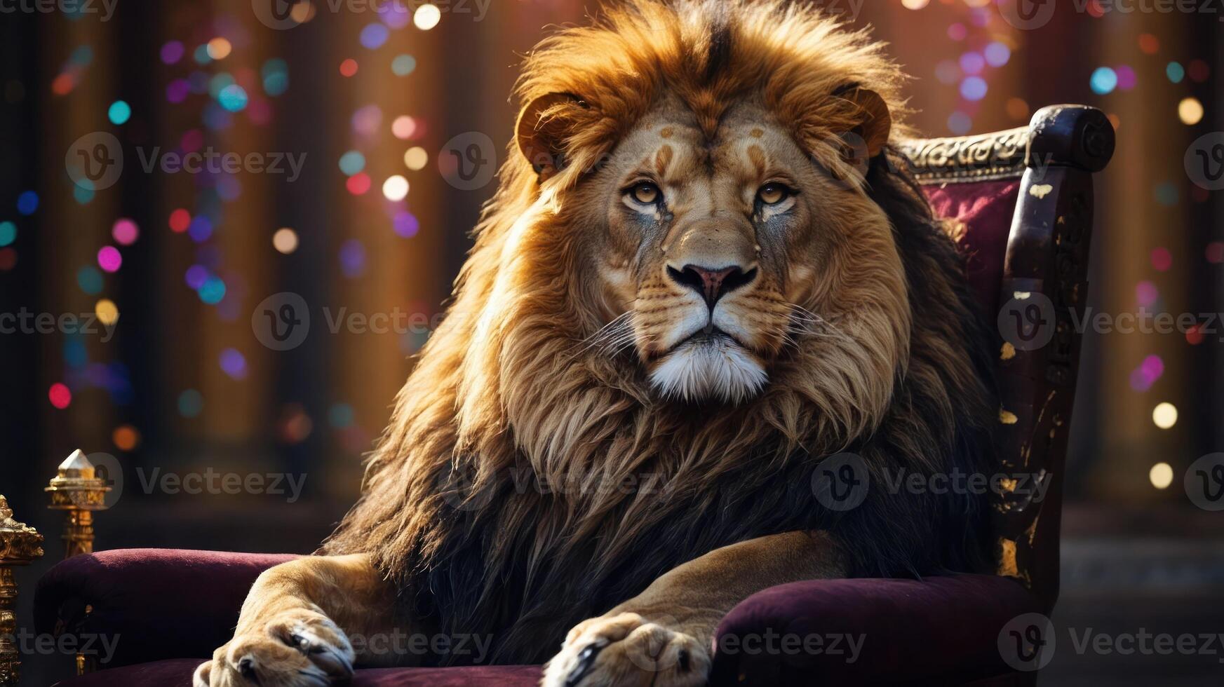 A majestic lion sits regally on a throne, surrounded by colorful bokeh lights. photo