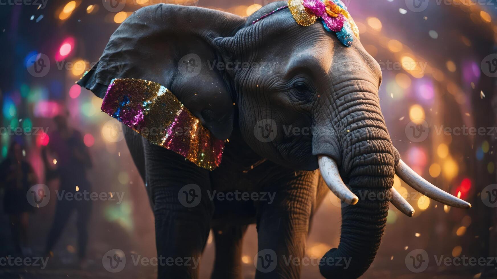 An elephant adorned with colorful decorations in a festive, illuminated environment. photo