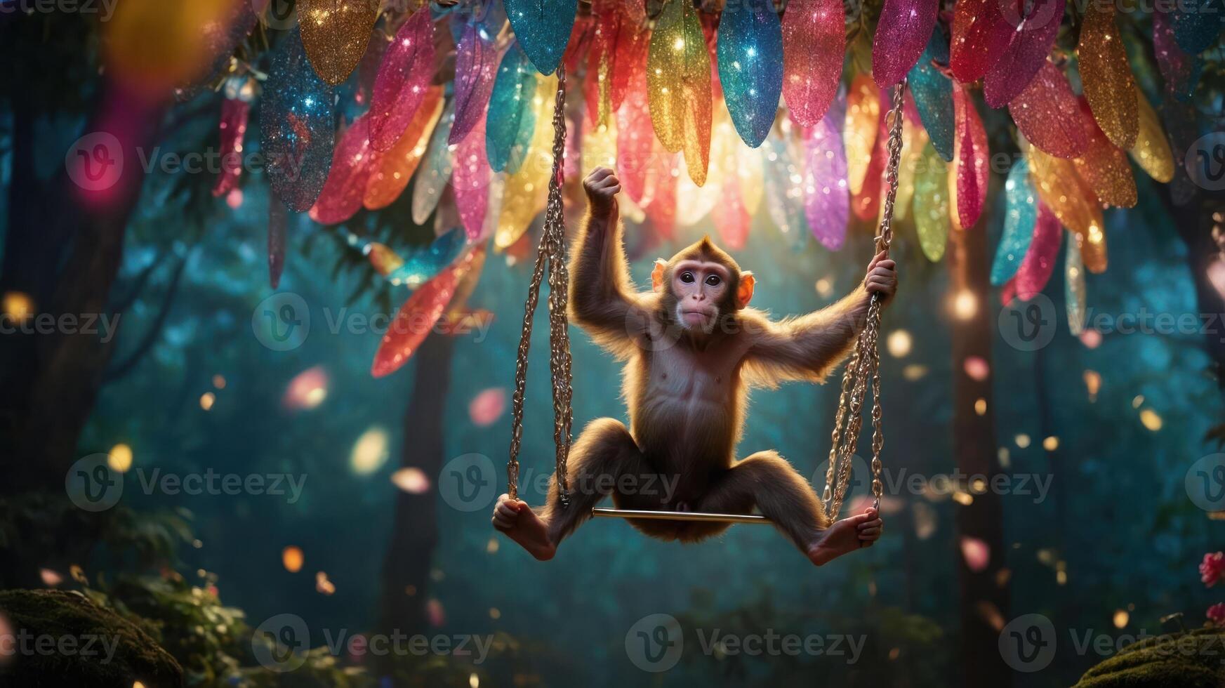 A whimsical monkey swings joyfully under colorful, sparkling decorations in a magical forest. photo