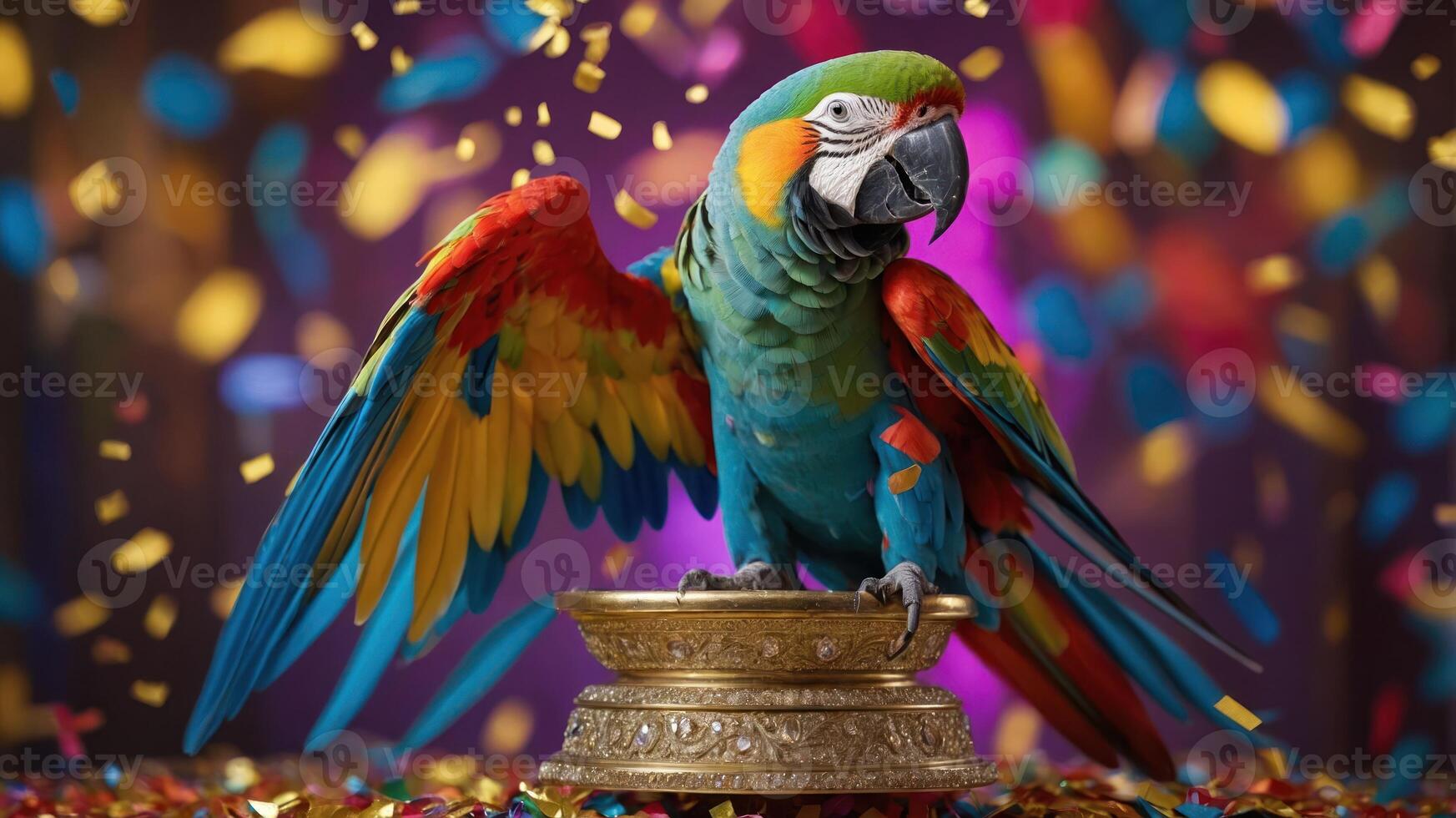 A colorful parrot perched on a decorative bowl, surrounded by vibrant confetti. photo
