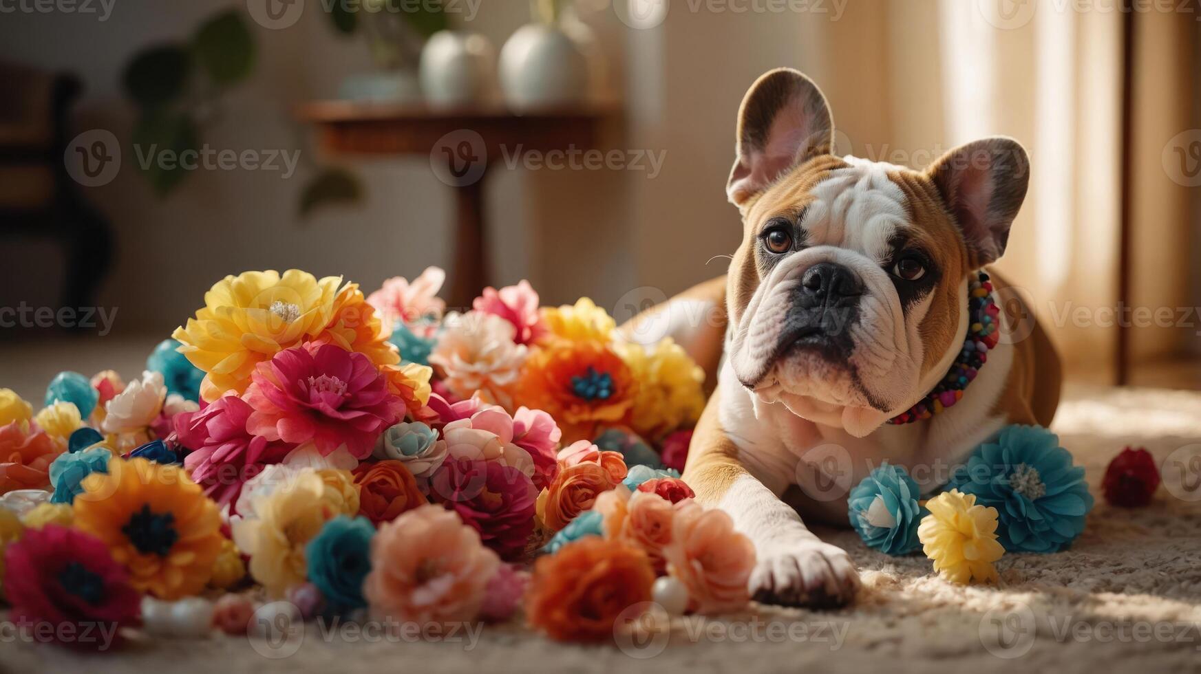A charming dog surrounded by colorful flowers in a cozy indoor setting. photo