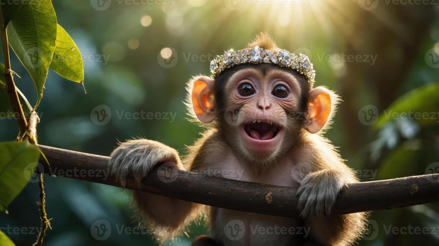 A joyful monkey wearing a decorative crown, perched on a branch in a lush environment. photo