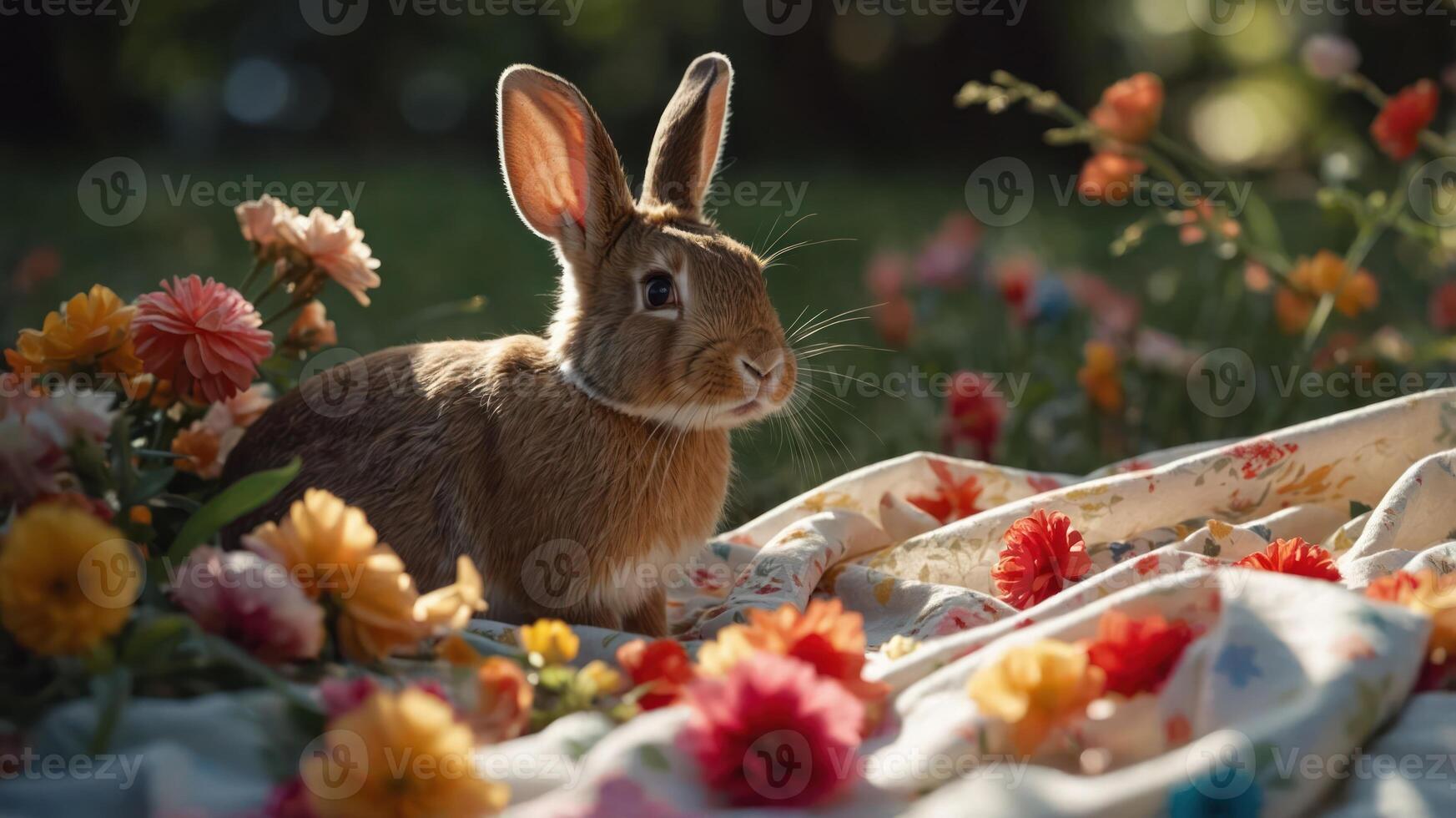 A rabbit sits amidst colorful flowers on a patterned blanket, capturing a serene spring moment. photo