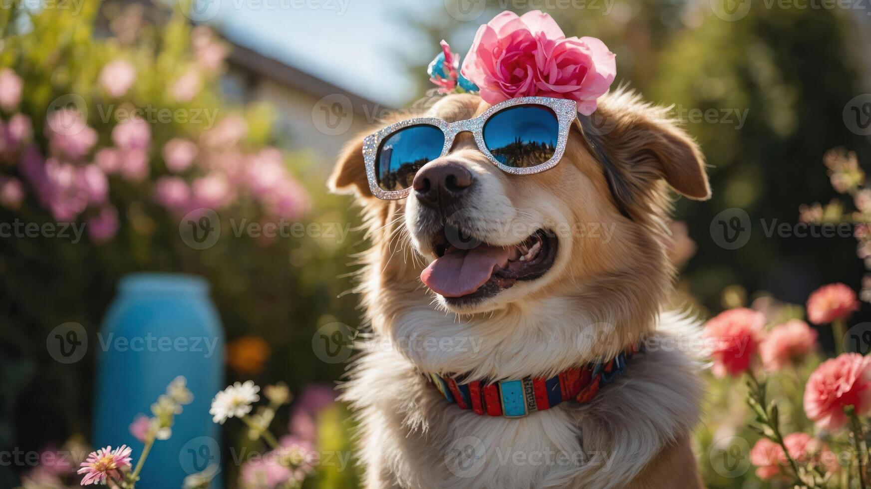 A cheerful dog wearing sunglasses and a flower crown in a vibrant garden. photo