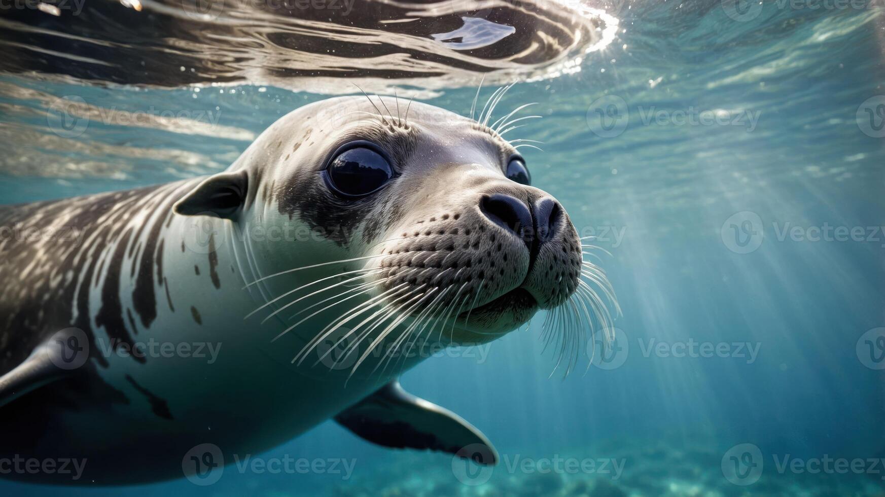 A close-up of a seal swimming underwater, showcasing its whiskers and expressive eyes. photo