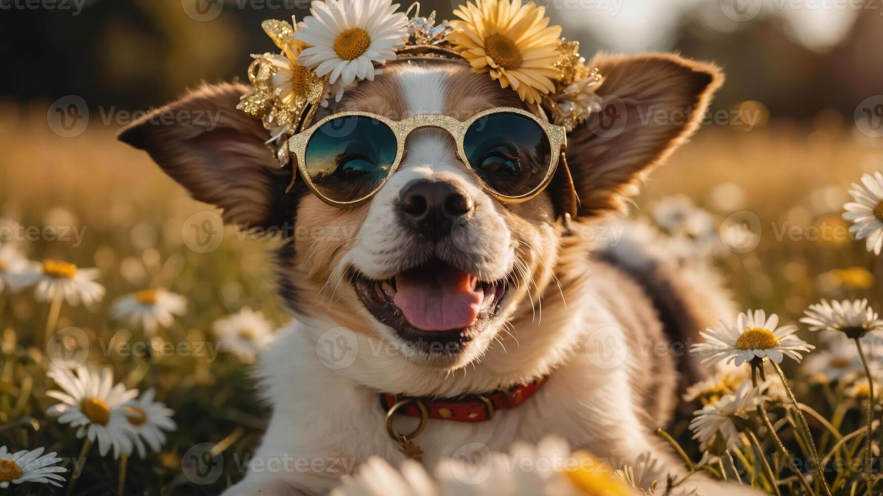 A cheerful dog wearing sunglasses and a flower crown lies in a field of daisies. photo