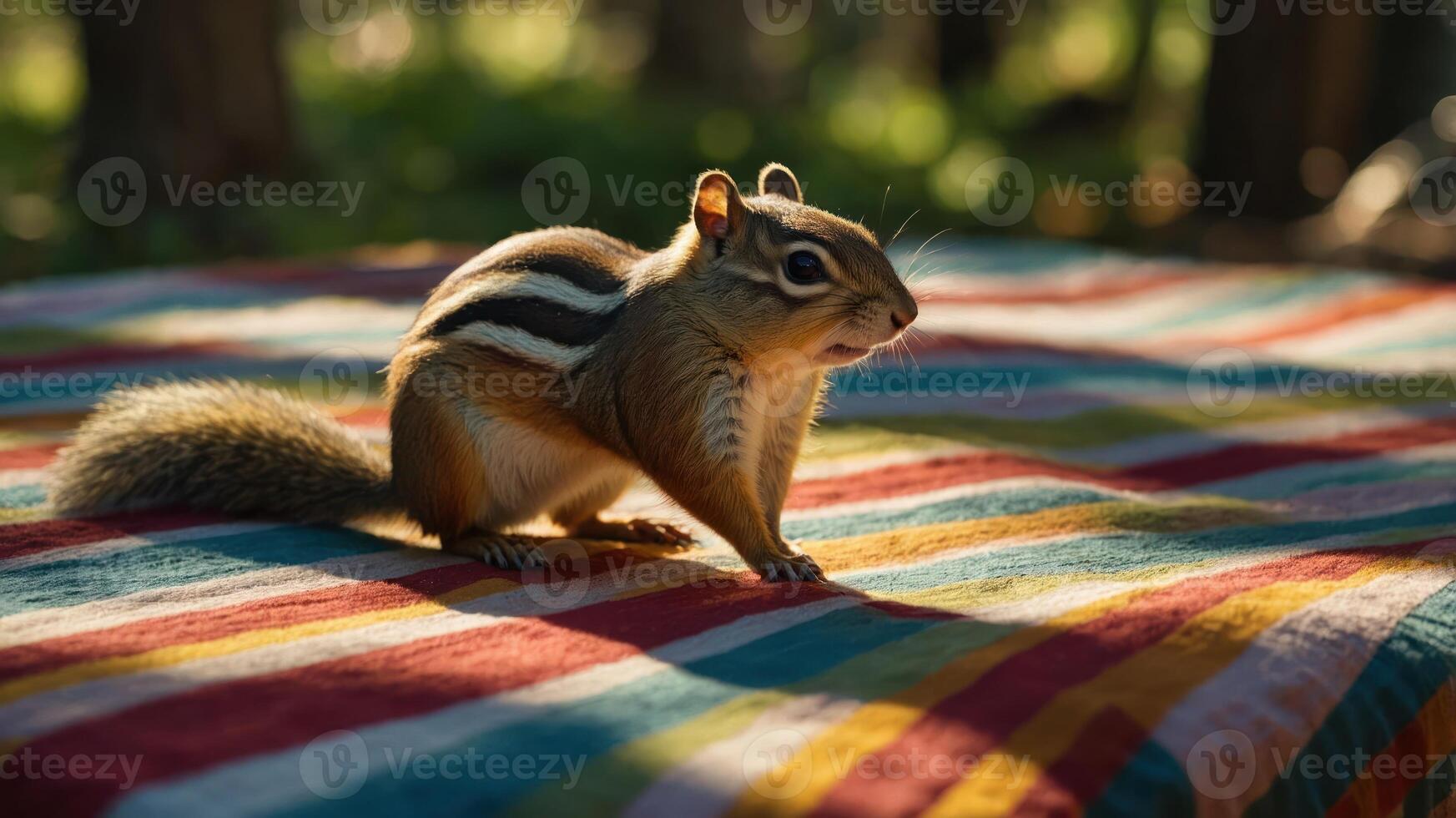 A chipmunk on a colorful striped tablecloth in a natural setting. photo