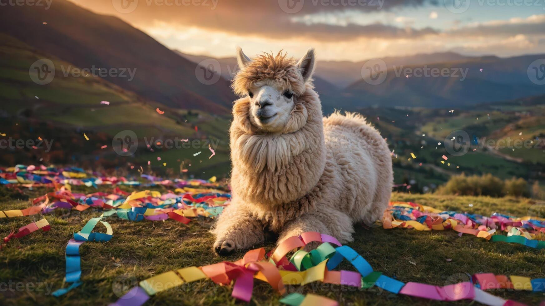 A fluffy alpaca lounging in a colorful, festive setting amidst a scenic landscape. photo