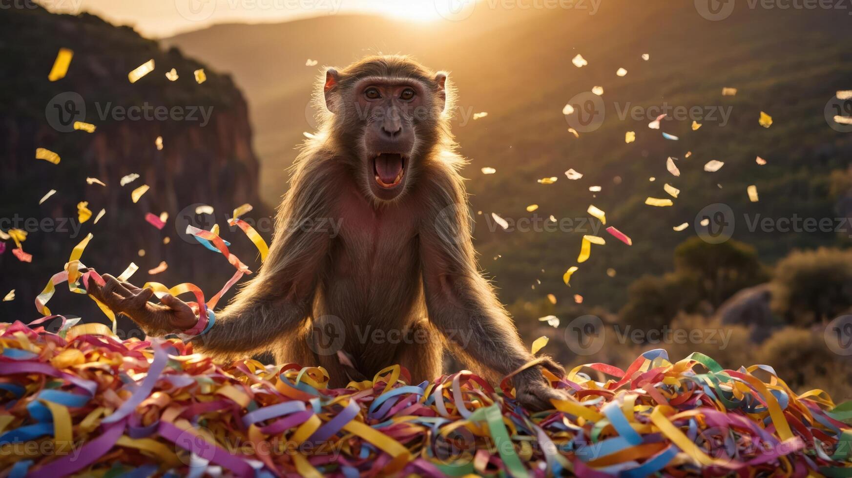 A baboon joyfully surrounded by colorful confetti at sunset in a vibrant natural setting. photo