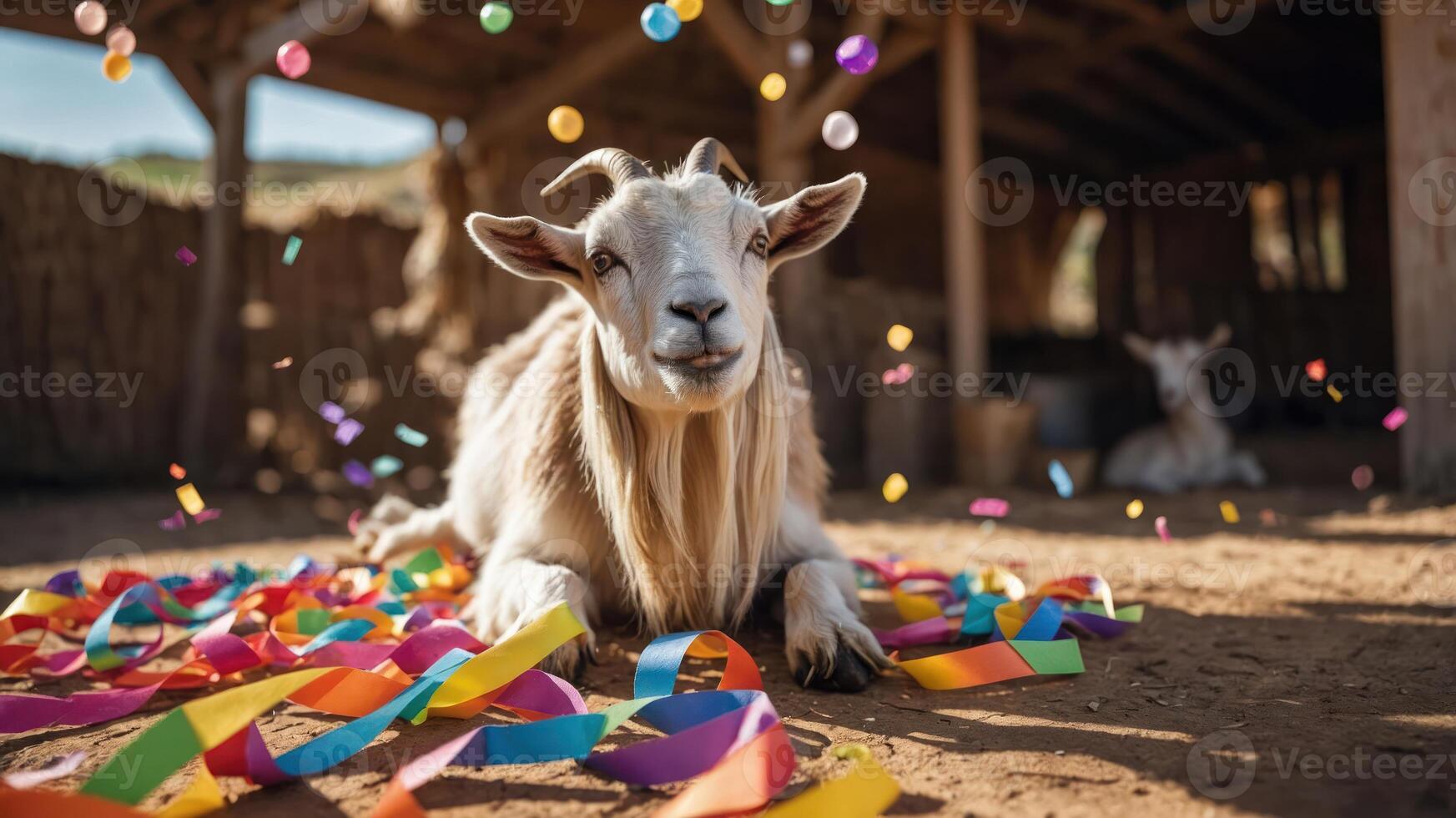A goat lounging on colorful ribbons with confetti in a rustic barn setting. photo