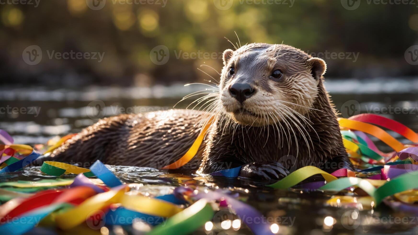 An otter playfully lounges in water surrounded by colorful ribbons, evoking joy and celebration. photo