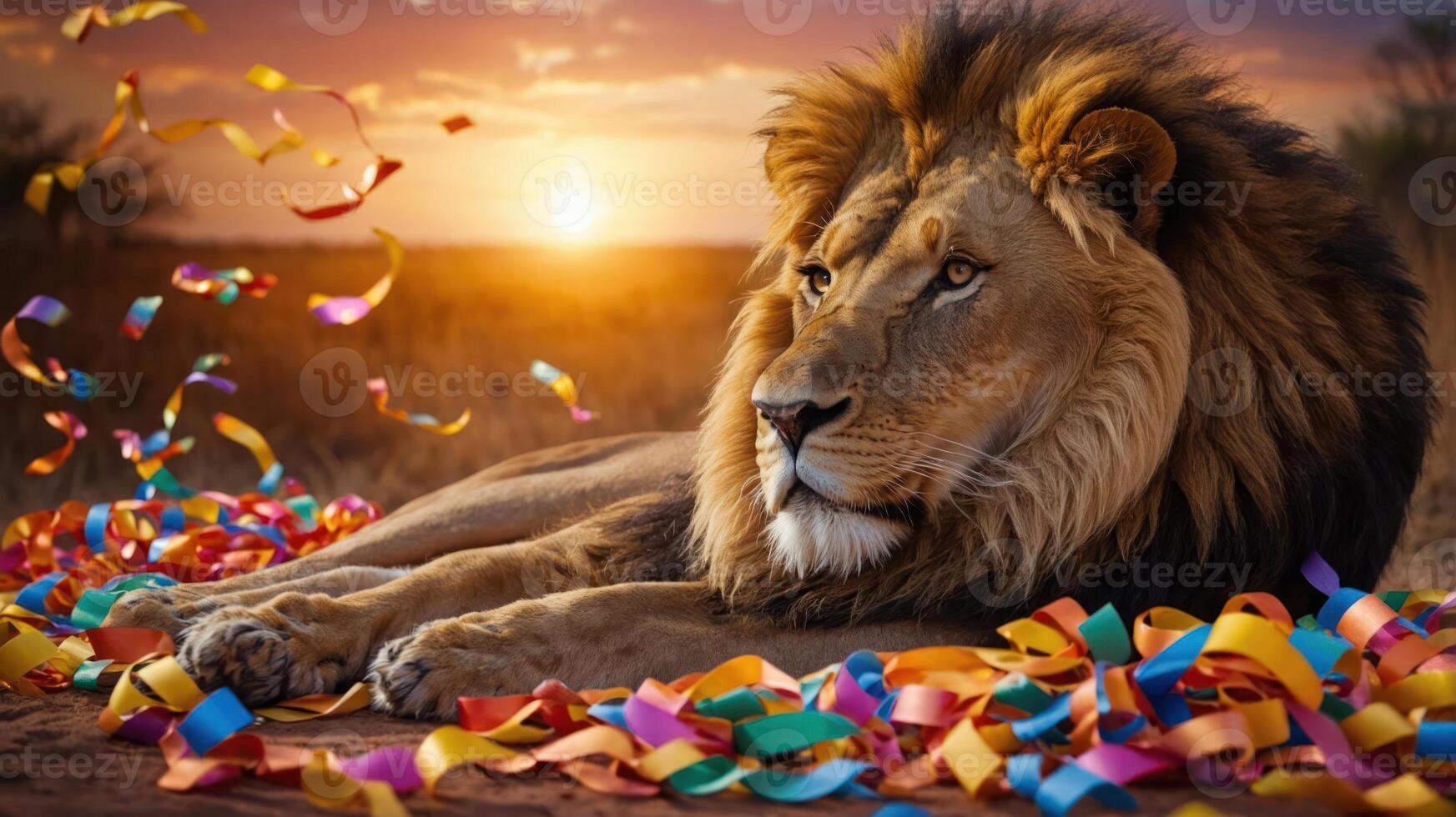 A majestic lion rests amidst colorful confetti at sunset in a serene landscape. photo