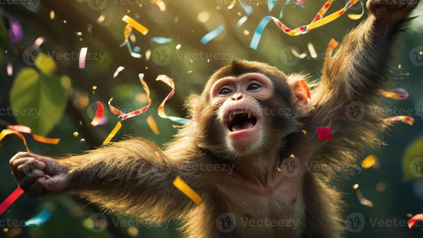 A joyful monkey celebrating with colorful confetti in a vibrant natural setting. photo