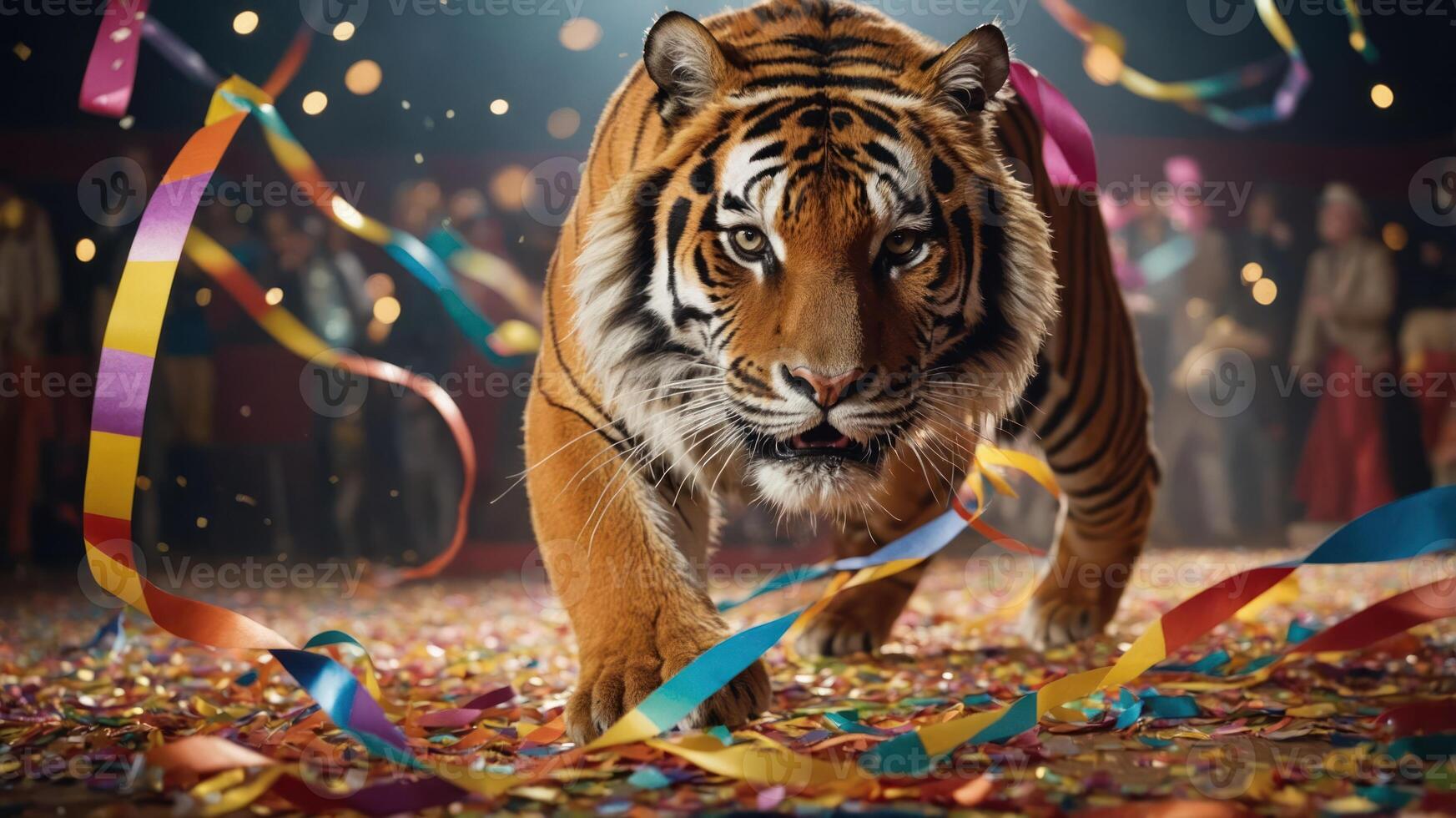 A tiger strides through a festive scene filled with confetti and colorful ribbons. photo