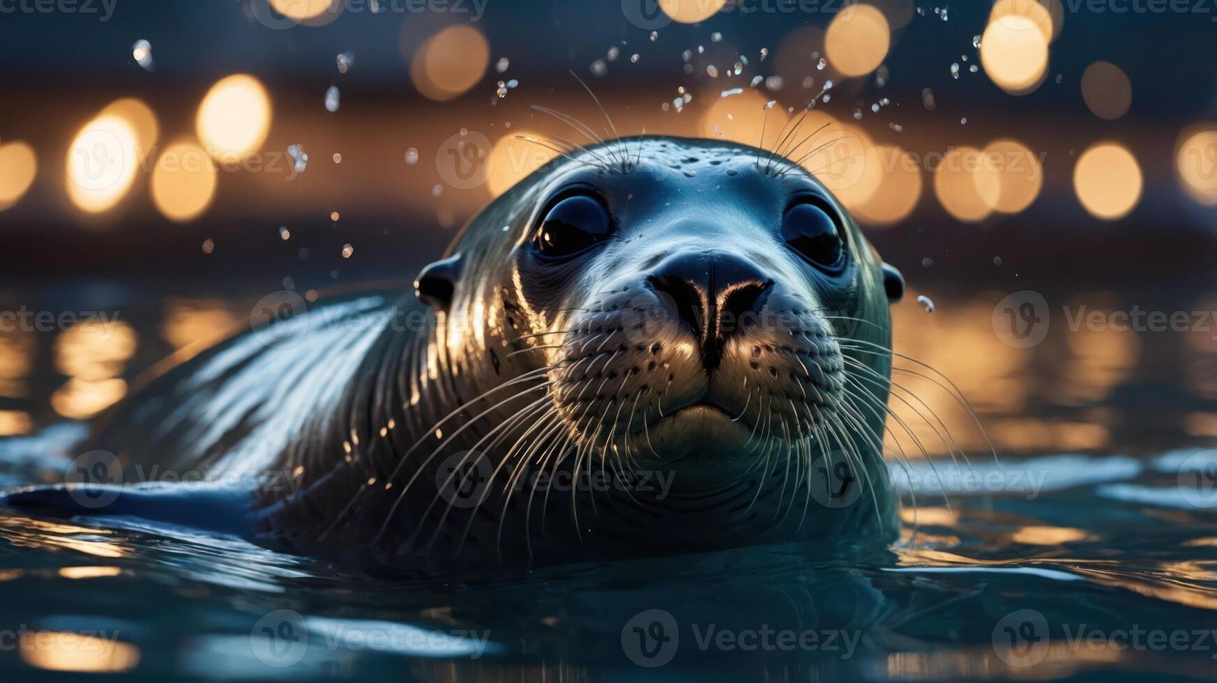 A close-up of a seal swimming in water, with droplets and a blurred background of lights. photo