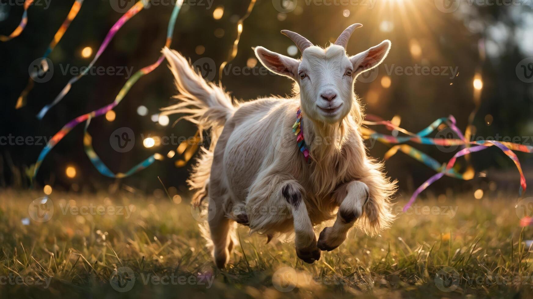 A joyful goat prancing in a field, surrounded by colorful streamers and sunlight. photo