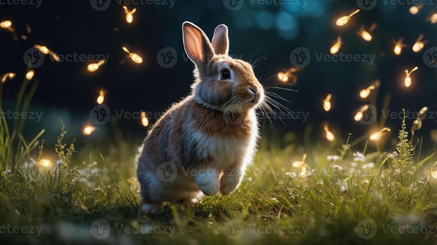 A rabbit frolics in a field illuminated by glowing fireflies at dusk. photo